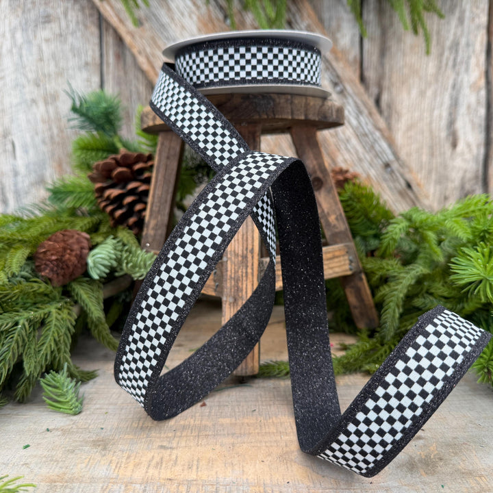 1" Black White Check Ribbon