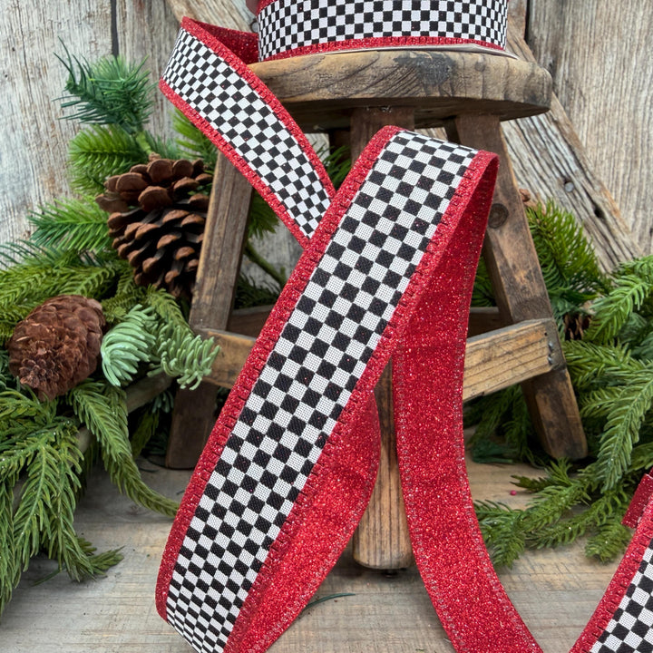 1" Red Black White Check Gold Glitter Wired Ribbon, 10 Yard Roll