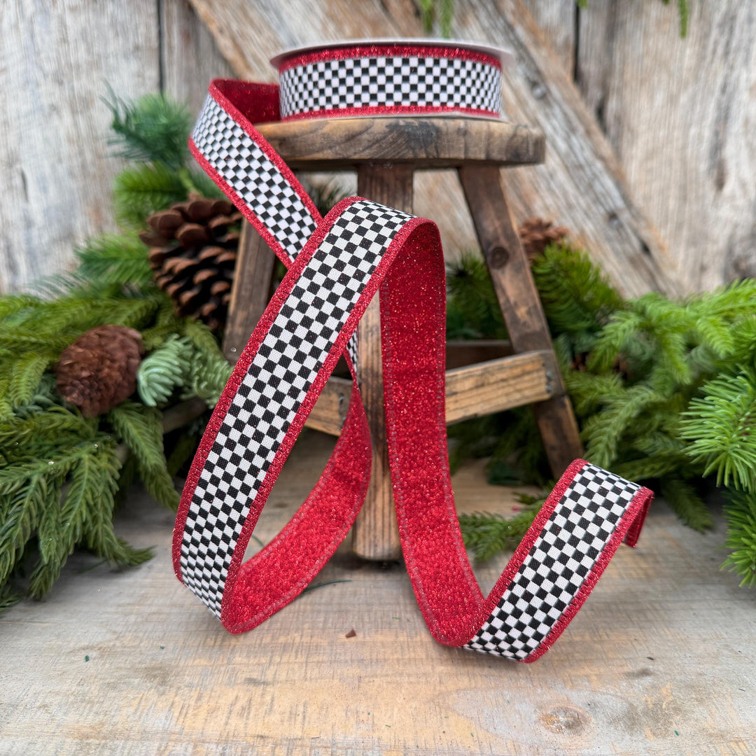 1" Red Black White Check Gold Glitter Wired Ribbon, 10 Yard Roll