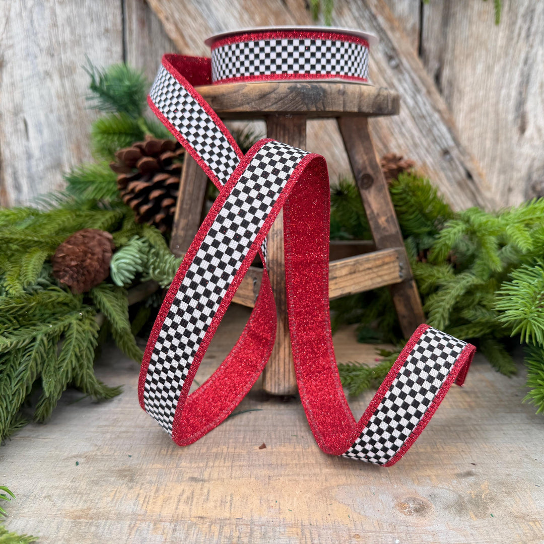 1" Red Black White Check Gold Glitter Wired Ribbon, 10 Yard Roll