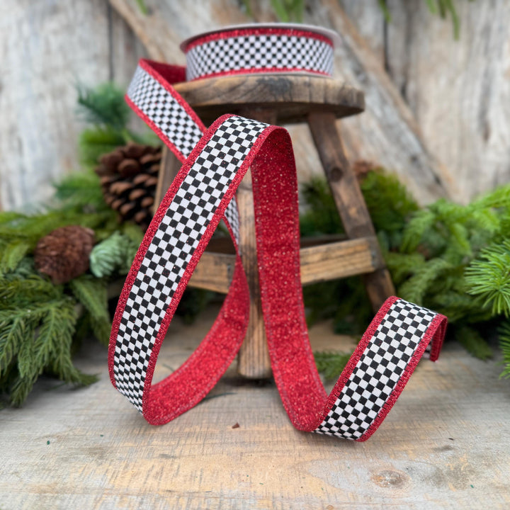 1" Red Black White Check Gold Glitter Wired Ribbon, 10 Yard Roll