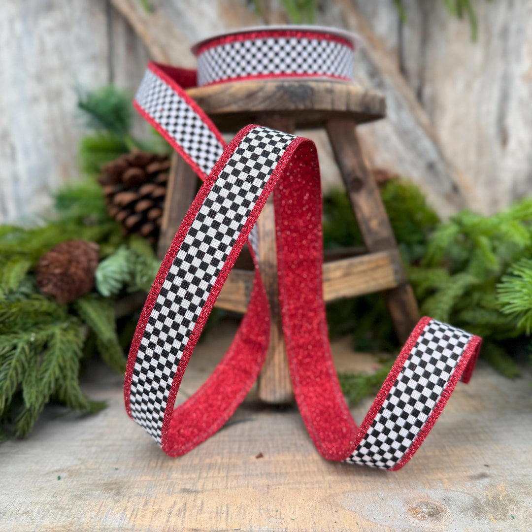 1" Red Black White Check Gold Glitter Wired Ribbon, 10 Yard Roll