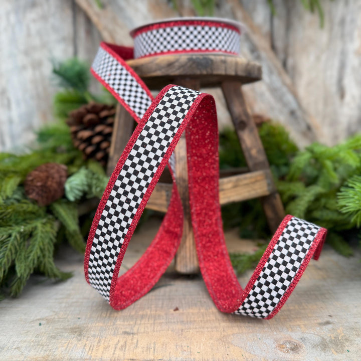 1" Red Black White Check Gold Glitter Wired Ribbon, 10 Yard Roll