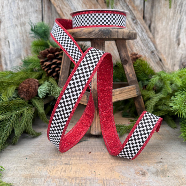1" Red Black White Check Gold Glitter Wired Ribbon, 10 Yard Roll