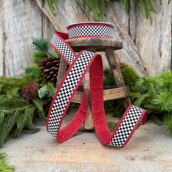 1" Red Black White Check Gold Glitter Wired Ribbon, 10 Yard Roll