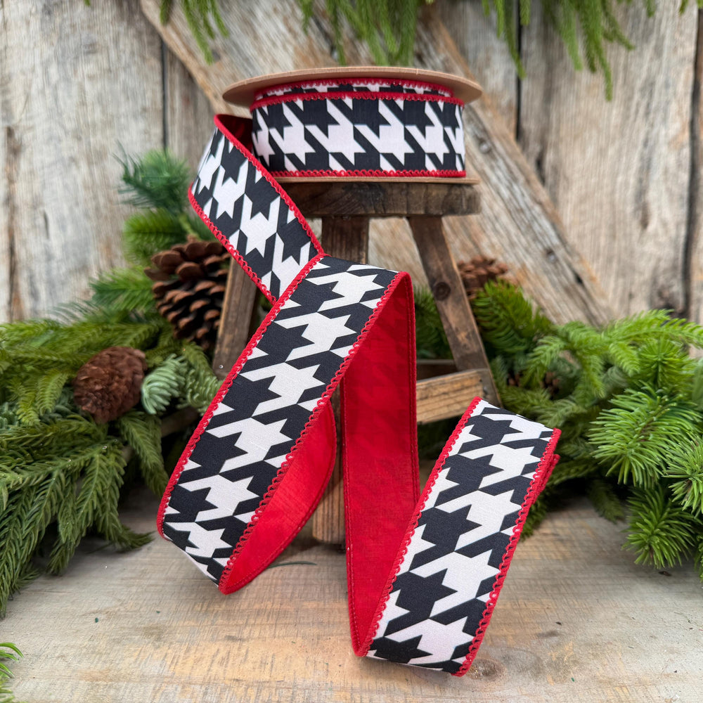 1.5" Black White Houndstooth Wired Ribbon with Red Backing | 10 Yards