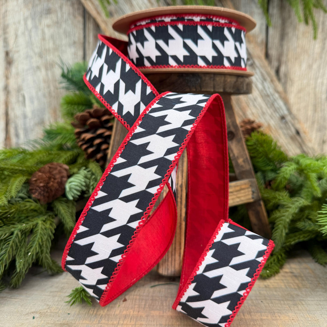 1.5" Black White Houndstooth Wired Ribbon with Red Backing | 10 Yards