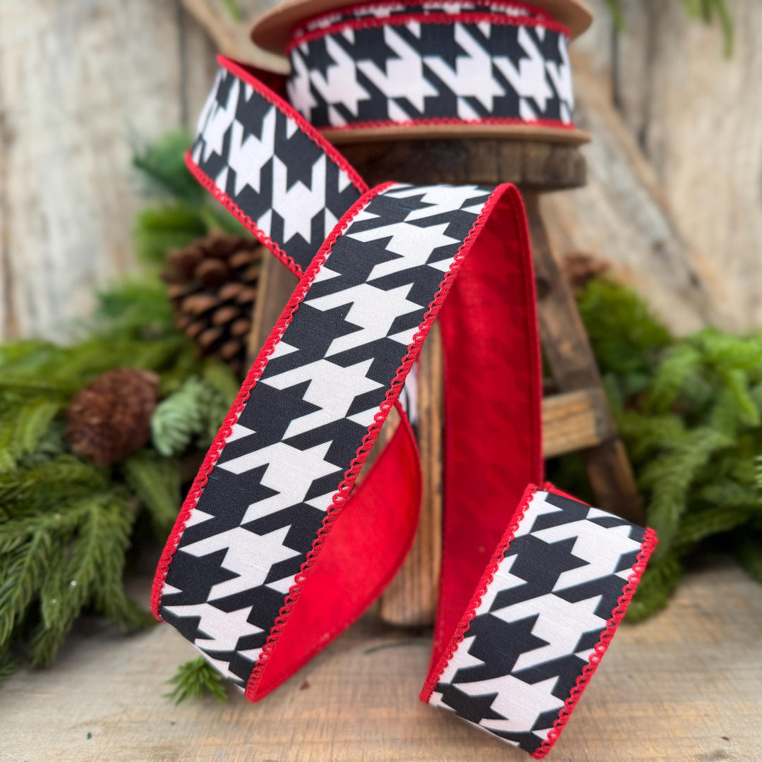 1.5" Black White Houndstooth Wired Ribbon with Red Backing | 10 Yards
