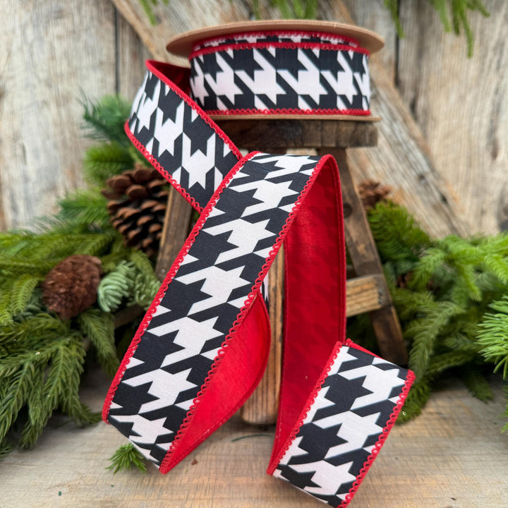 1.5" Black White Houndstooth Wired Ribbon with Red Backing | 10 Yards