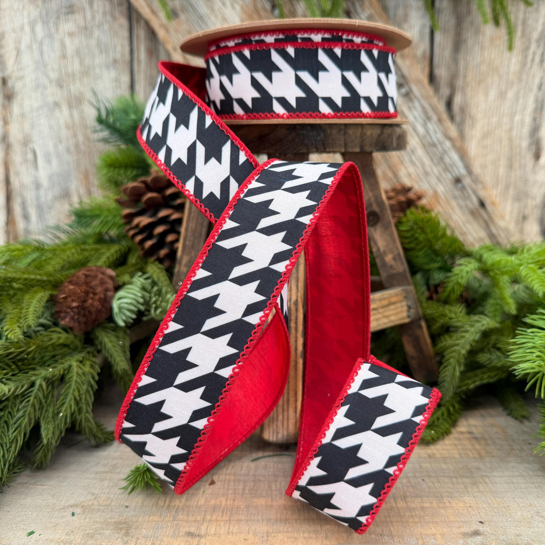 1.5" Black White Houndstooth Wired Ribbon with Red Backing | 10 Yards
