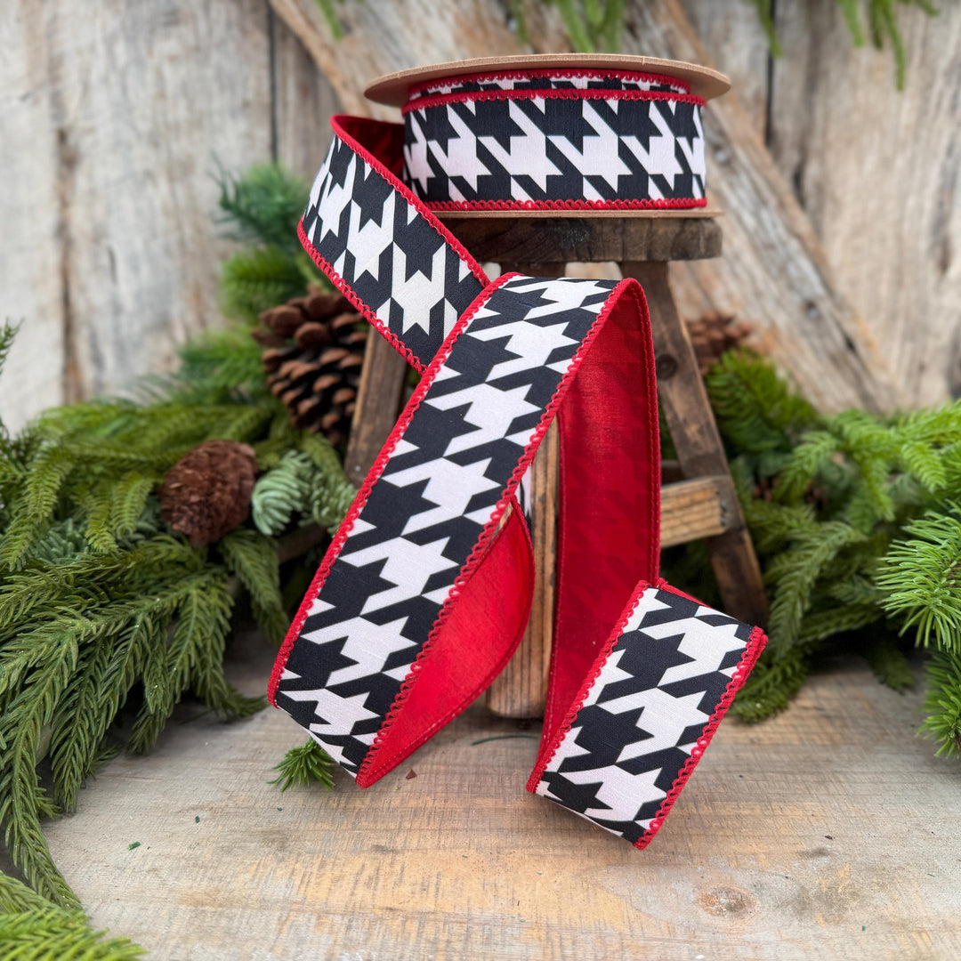 1.5" Black White Houndstooth Wired Ribbon with Red Backing | 10 Yards