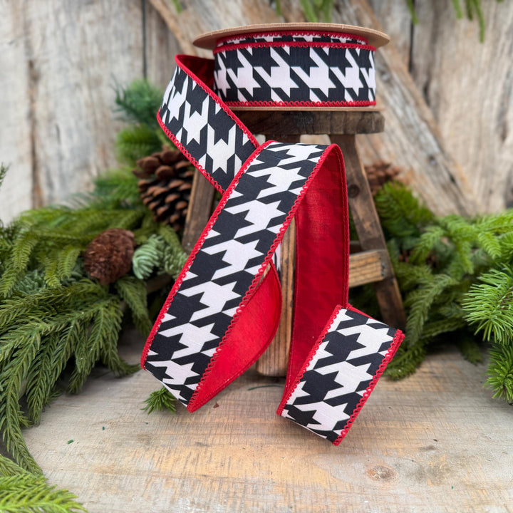 1.5" Black White Houndstooth Wired Ribbon with Red Backing | 10 Yards