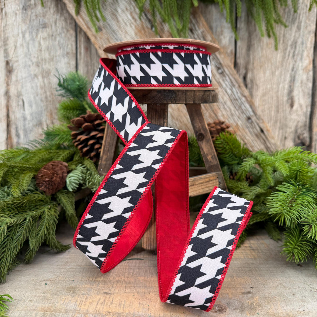 1.5" Black White Houndstooth Wired Ribbon with Red Backing | 10 Yards