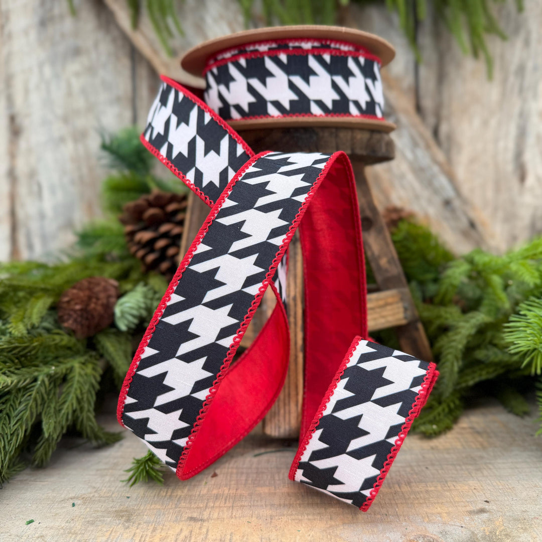 1.5" Black White Houndstooth Wired Ribbon with Red Backing | 10 Yards