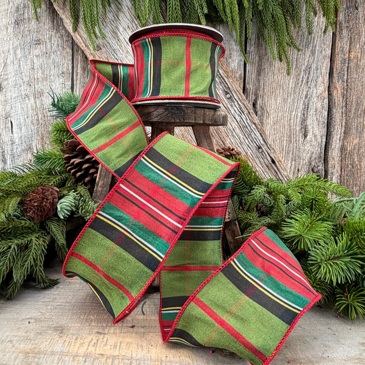 2.5" Green Tartan Christmas Plaid Ribbon, Green Red Christmas Ribb
