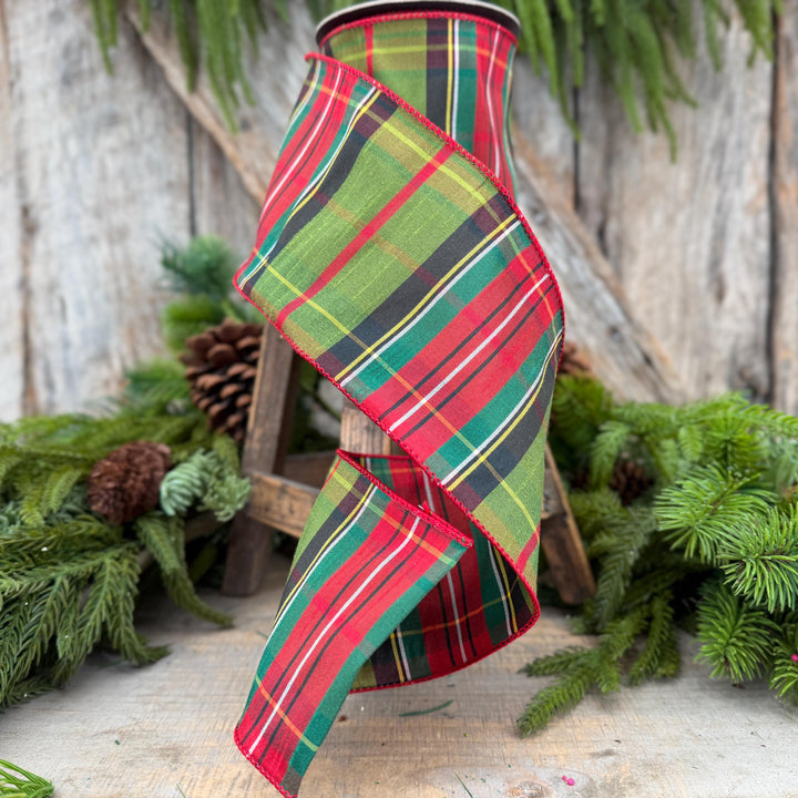 4" Green Tartan Christmas Plaid Ribbon, Green Red Christmas Ribbon