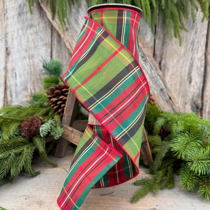 4" Green Tartan Christmas Plaid Ribbon, Green Red Christmas Ribbon