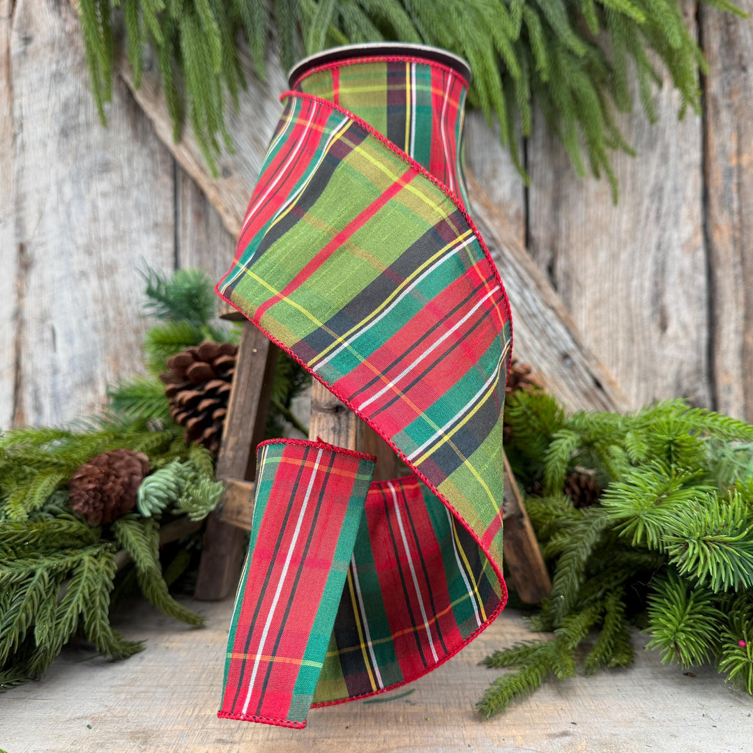 4" Green Tartan Christmas Plaid Ribbon, Green Red Christmas Ribbon