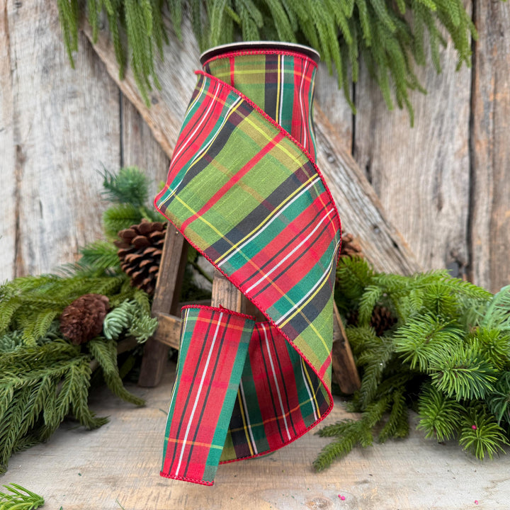 4" Green Tartan Christmas Plaid Ribbon, Green Red Christmas Ribbon