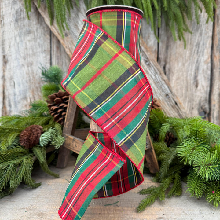 4" Green Tartan Christmas Plaid Ribbon, Green Red Christmas Ribbon