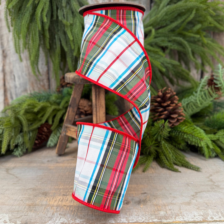 4" White Stewart Christmas Plaid Ribbon, Tartan Plaid Ribbon