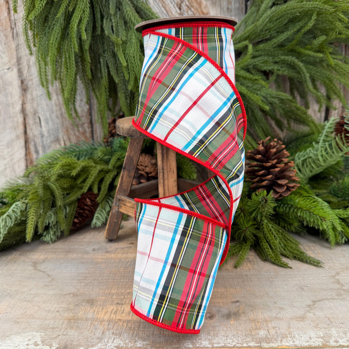 4" White Stewart Christmas Plaid Ribbon, Tartan Plaid Ribbon