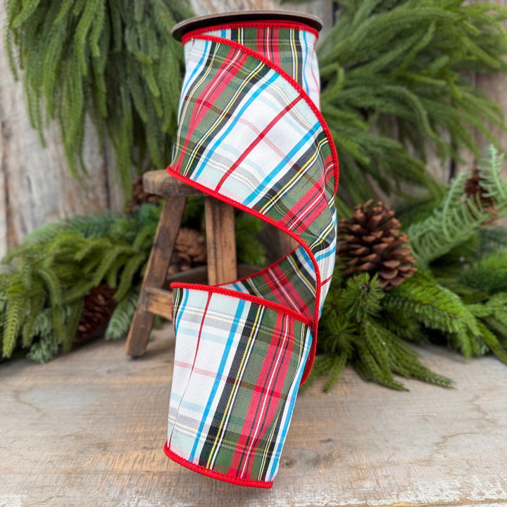 4" White Stewart Christmas Plaid Ribbon, Tartan Plaid Ribbon