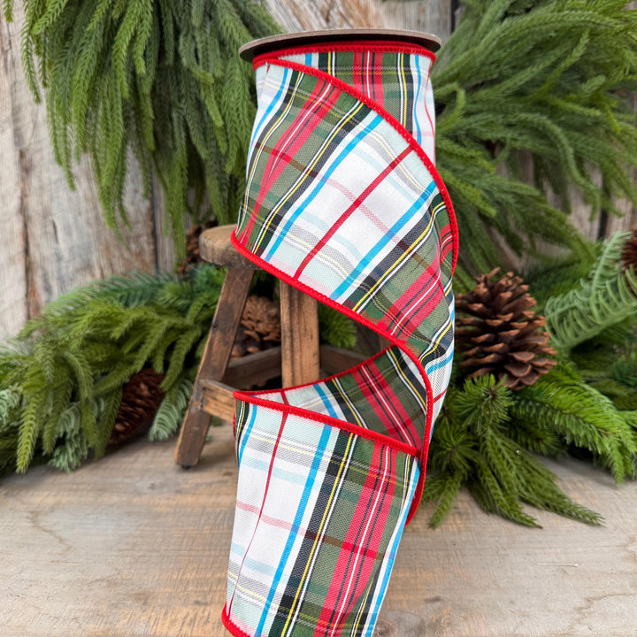 4" White Stewart Christmas Plaid Ribbon, Tartan Plaid Ribbon