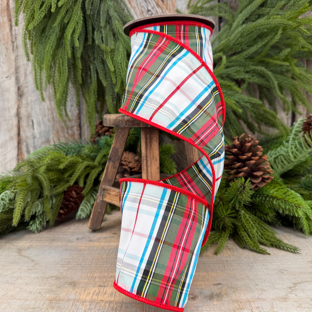 4" White Stewart Christmas Plaid Ribbon, Tartan Plaid Ribbon