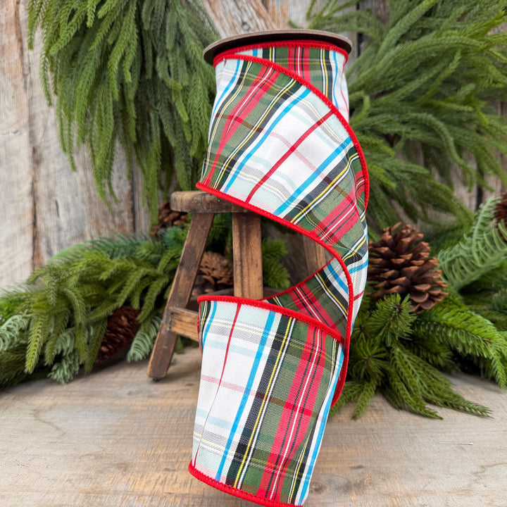 4" White Stewart Christmas Plaid Ribbon, Tartan Plaid Ribbon