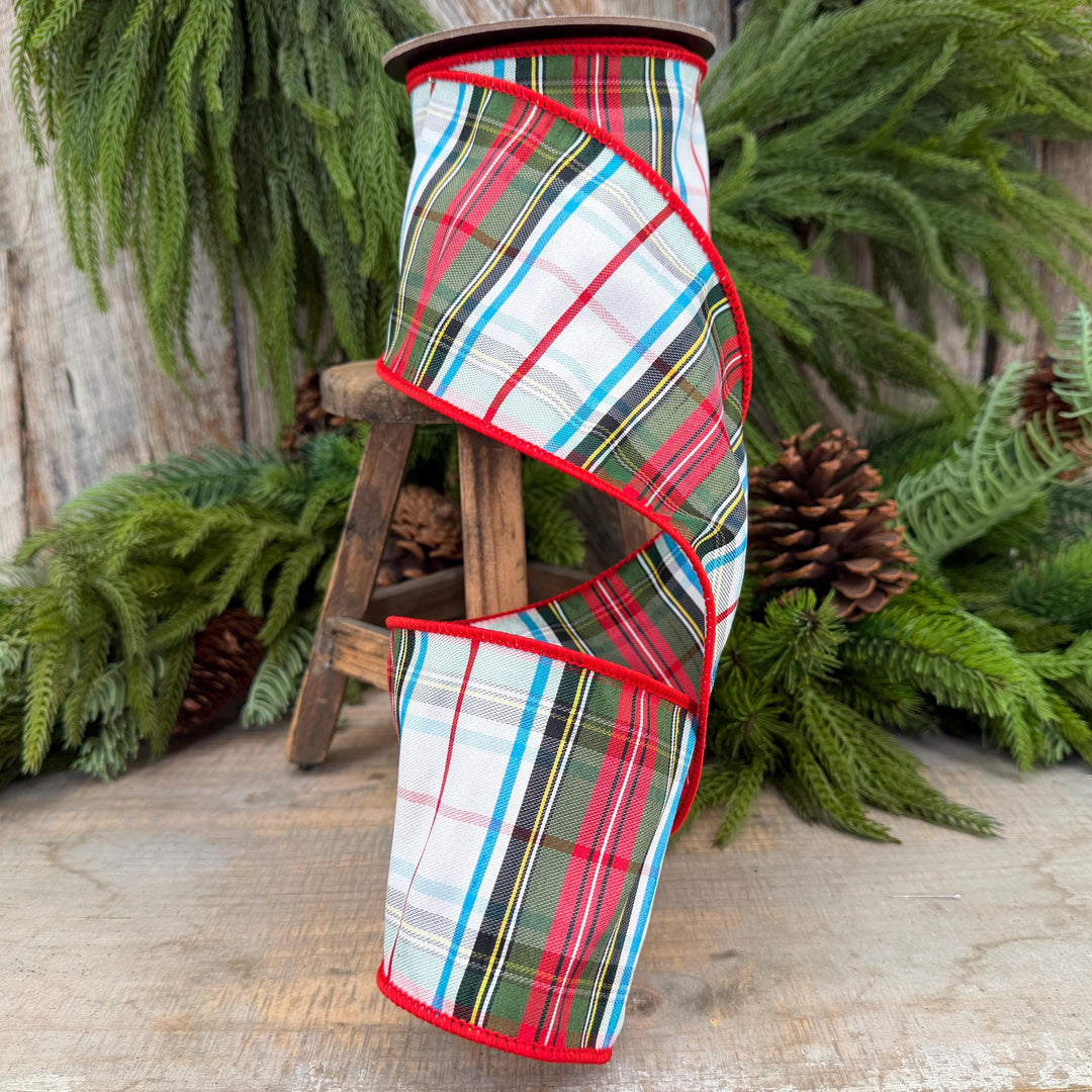 4" White Stewart Christmas Plaid Ribbon, Tartan Plaid Ribbon