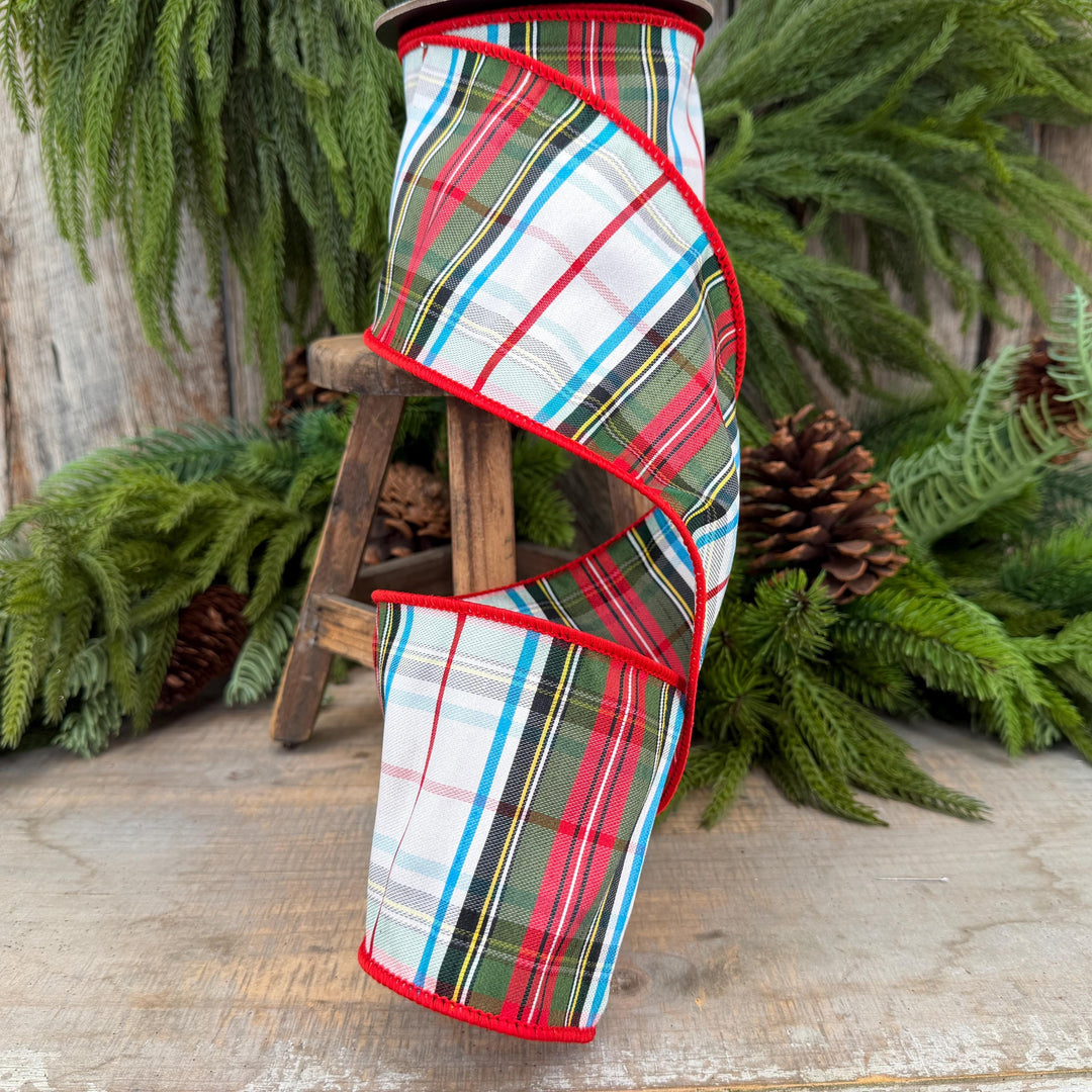 4" White Stewart Christmas Plaid Ribbon, Tartan Plaid Ribbon