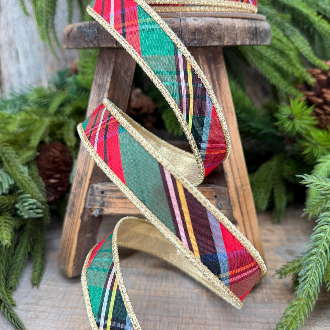 1" Dusty Blue Christmas Plaid Ribbon, Traditional Christmas Plaid Ribbon