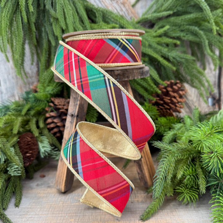 1.5" Dusty Blue Christmas Plaid Ribbon, Traditional Christmas Plaid Ribbon