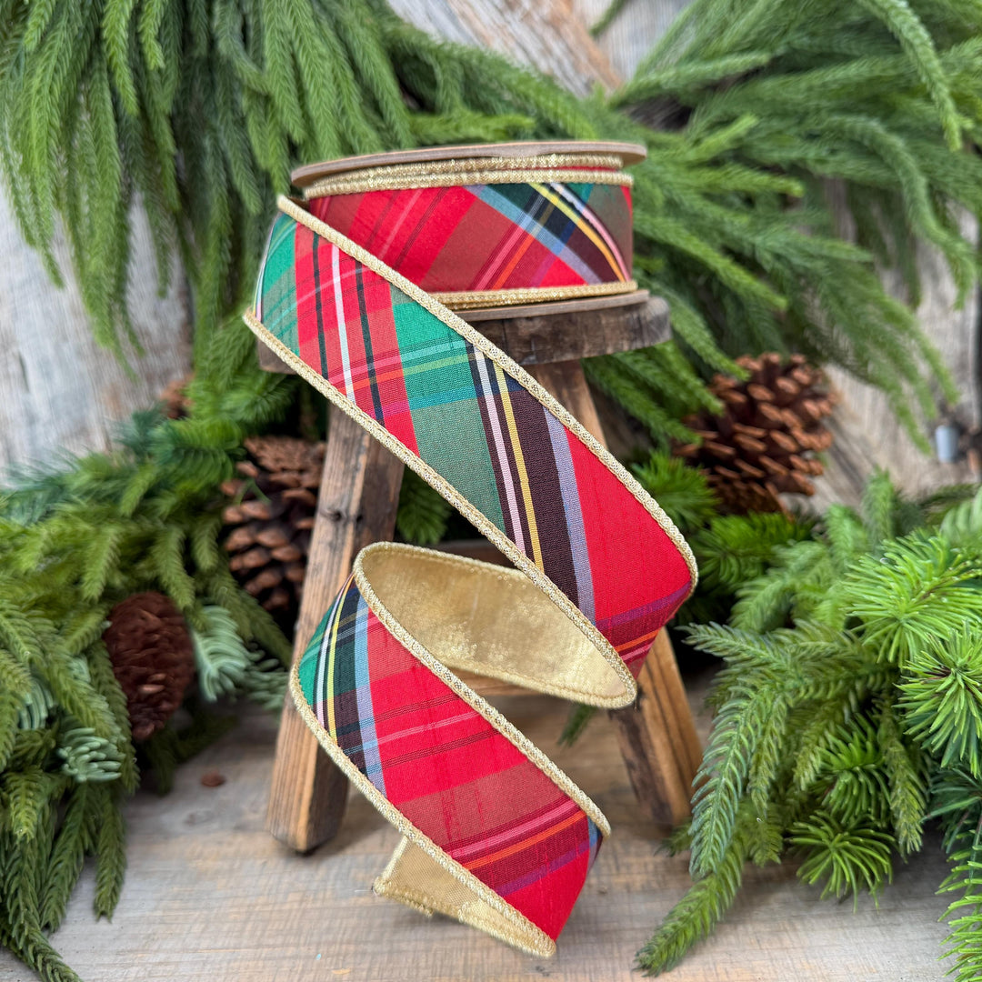 1.5" Dusty Blue Christmas Plaid Ribbon, Traditional Christmas Plaid Ribbon