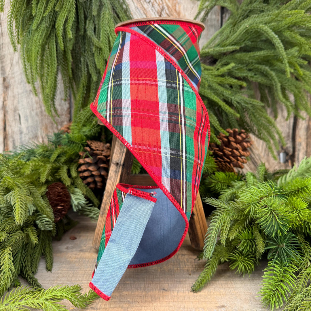 4" Dusty Blue Christmas Plaid Ribbon, Wired Ribbon, Red Blue Chirstmas Plaid RIbbon