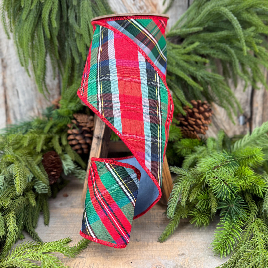 4" Dusty Blue Christmas Plaid Ribbon, Wired Ribbon, Red Blue Chirstmas Plaid RIbbon