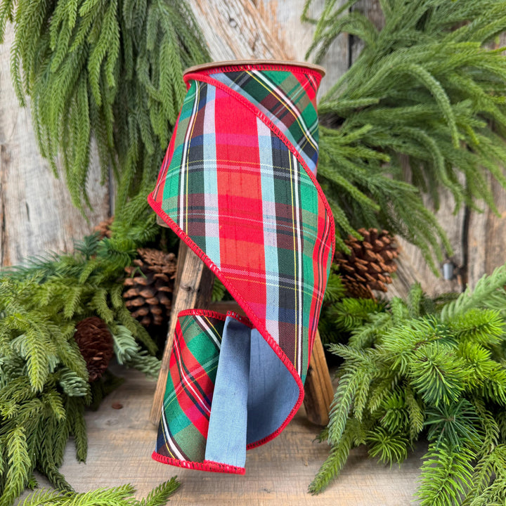 4" Dusty Blue Christmas Plaid Ribbon, Wired Ribbon, Red Blue Chirstmas Plaid RIbbon