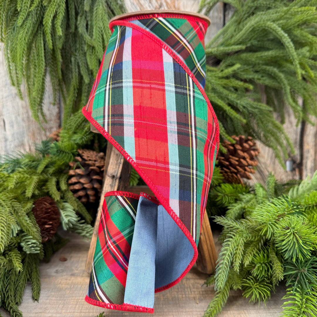 4" Dusty Blue Christmas Plaid Ribbon, Wired Ribbon, Red Blue Chirstmas Plaid RIbbon