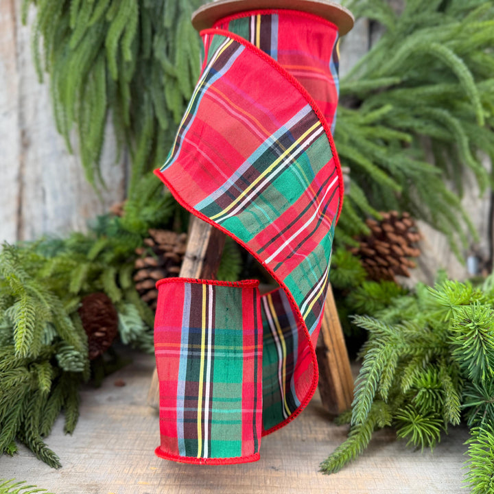 4" Dusty Blue Christmas Plaid Ribbon, Wired Ribbon, Red Blue Chirstmas Plaid RIbbon