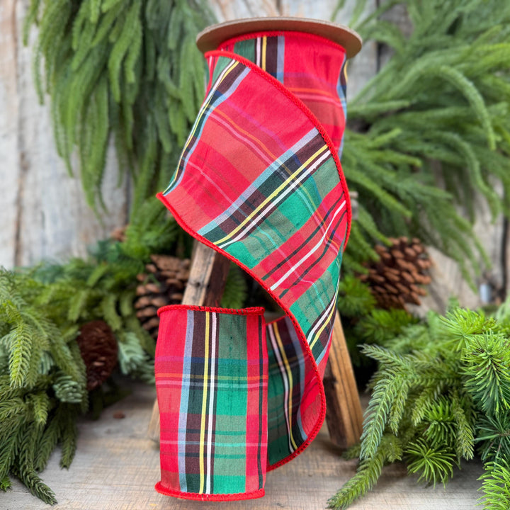 4" Dusty Blue Christmas Plaid Ribbon, Wired Ribbon, Red Blue Chirstmas Plaid RIbbon