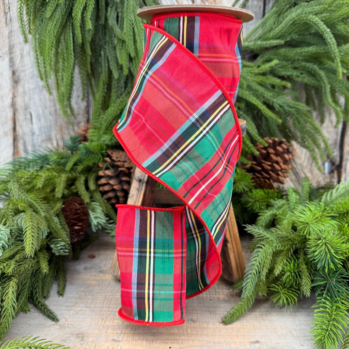 4" Dusty Blue Christmas Plaid Ribbon, Wired Ribbon, Red Blue Chirstmas Plaid RIbbon