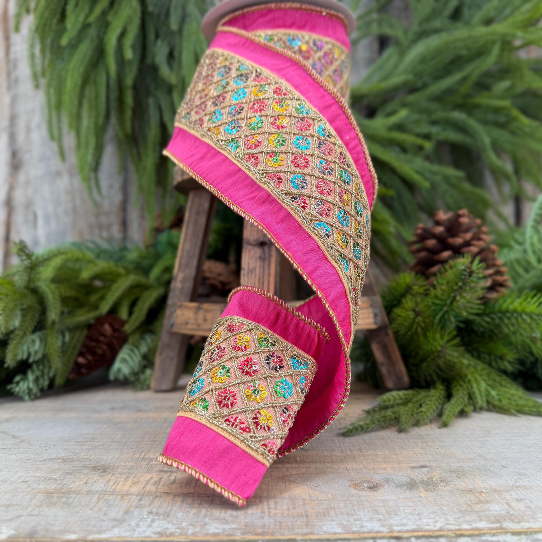 4" Pink Dupion Multi Sequin Diamond Trim Wired Ribbon, 5 Yard Roll