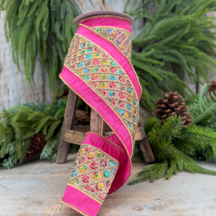 4" Pink Dupion Multi Sequin Diamond Trim Wired Ribbon, 5 Yard Roll