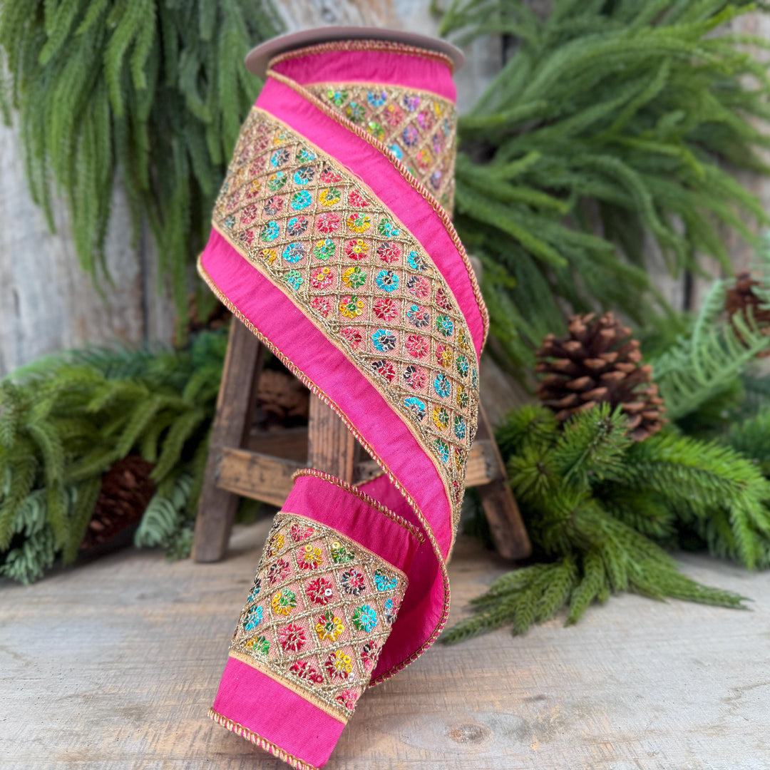 4" Pink Dupion Multi Sequin Diamond Trim Wired Ribbon, 5 Yard Roll