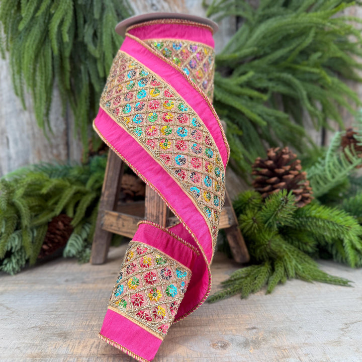 4" Pink Dupion Multi Sequin Diamond Trim Wired Ribbon, 5 Yard Roll