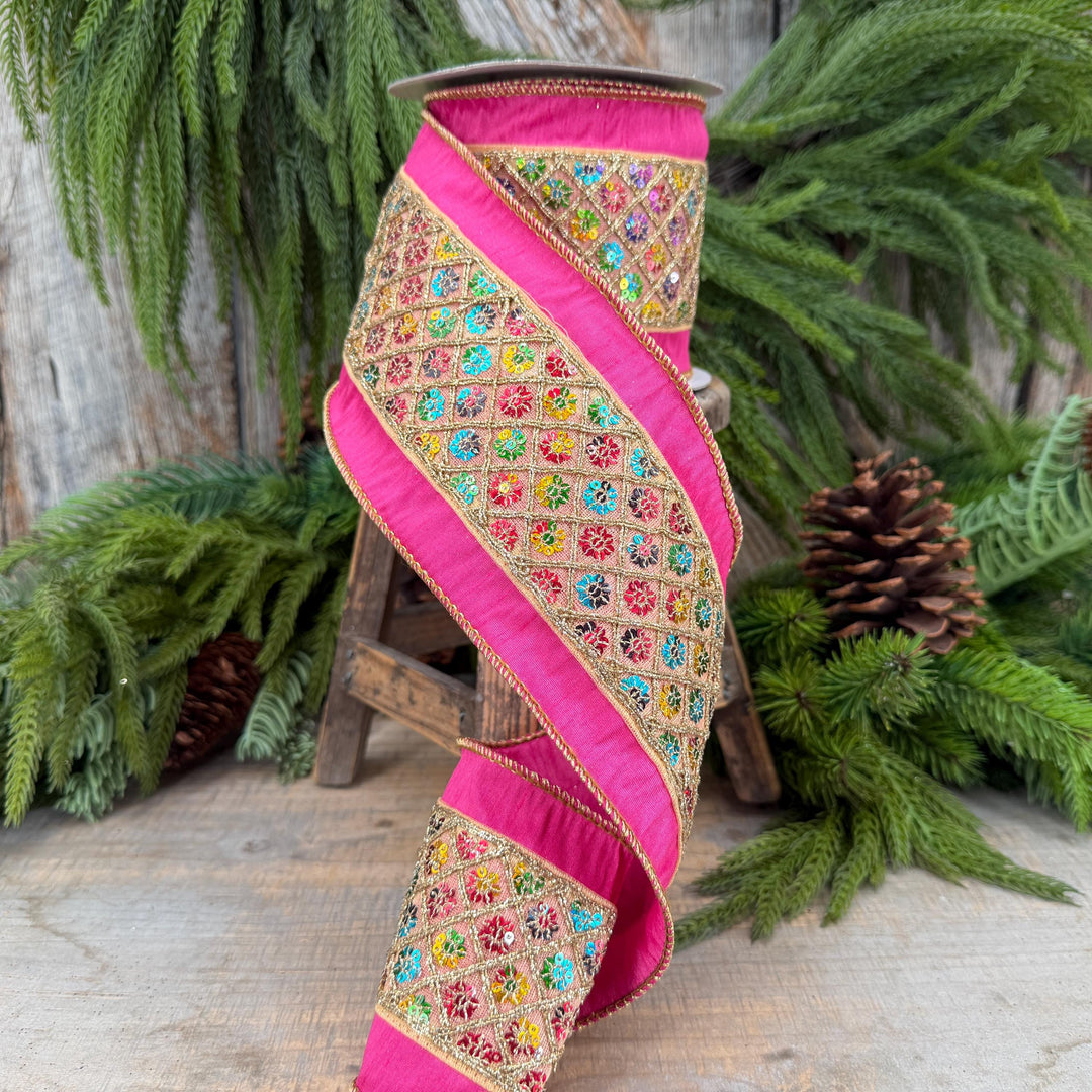 4" Pink Dupion Multi Sequin Diamond Trim Wired Ribbon, 5 Yard Roll