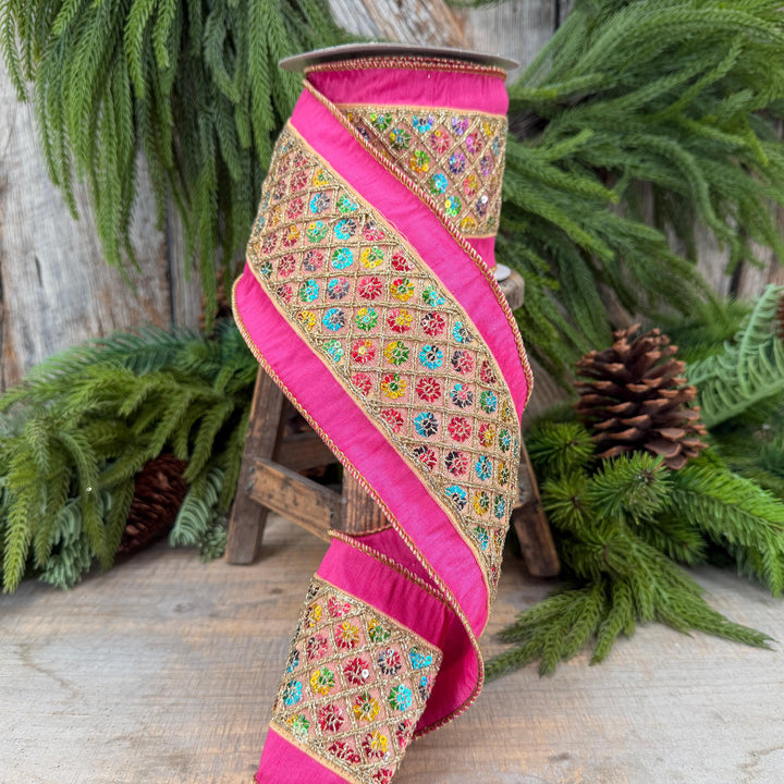 4" Pink Dupion Multi Sequin Diamond Trim Wired Ribbon, 5 Yard Roll