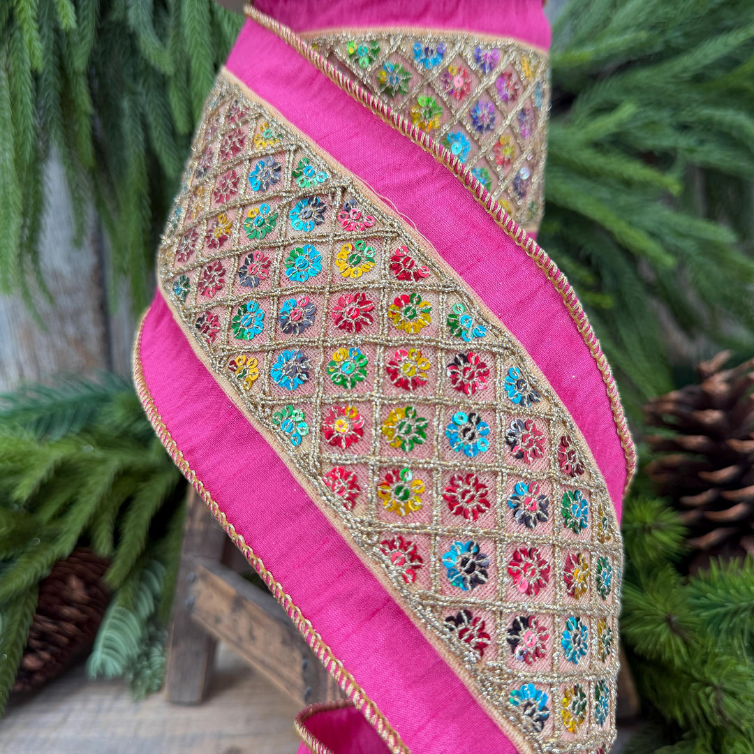 4" Pink Dupion Multi Sequin Diamond Trim Wired Ribbon, 5 Yard Roll