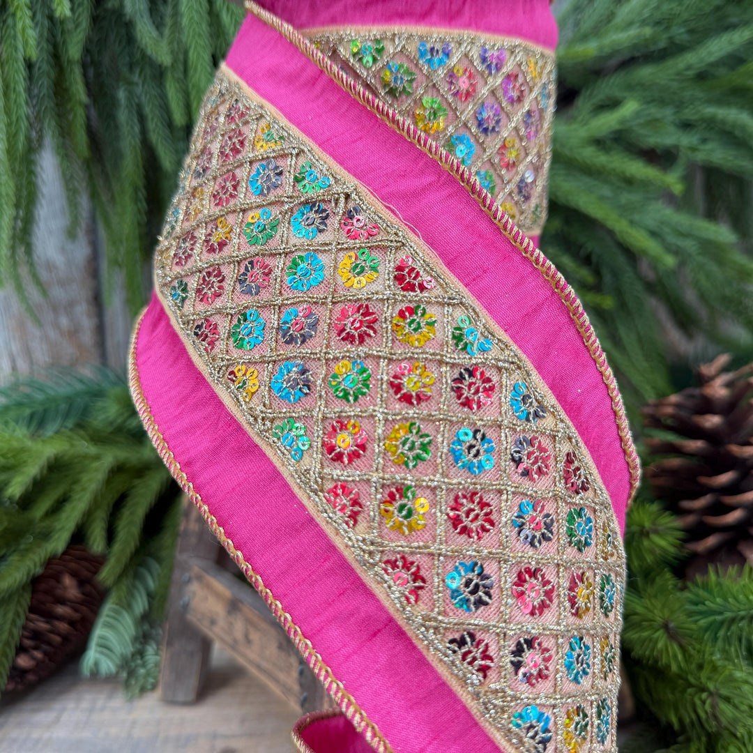 4" Pink Dupion Multi Sequin Diamond Trim Wired Ribbon, 5 Yard Roll